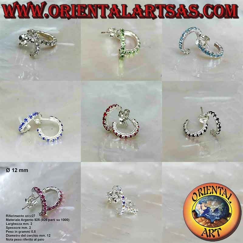 Pendiente de plata, semicírculo de circonitas con cierre de mariposa de 12 mm (varios colores)