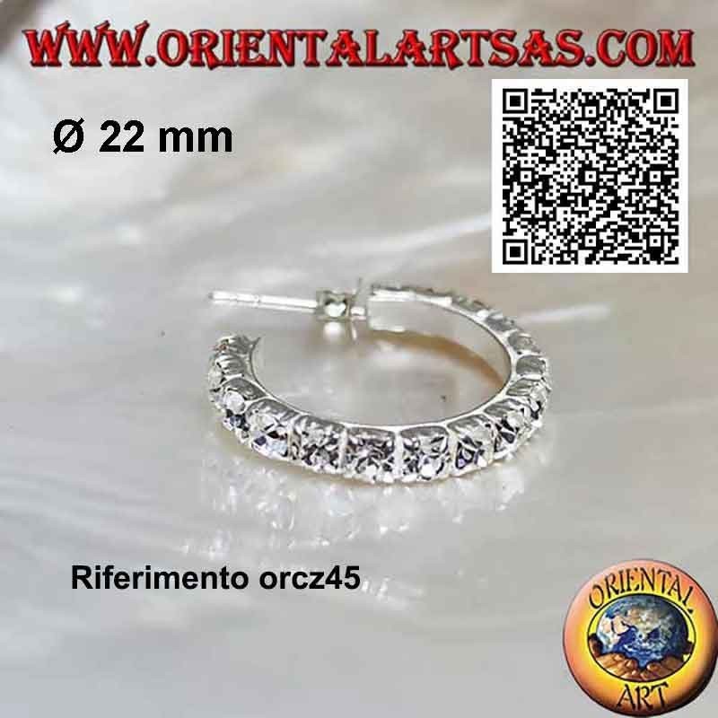 Silver earring, white three-quarter zirconia circle with butterfly clasp (22 mm)