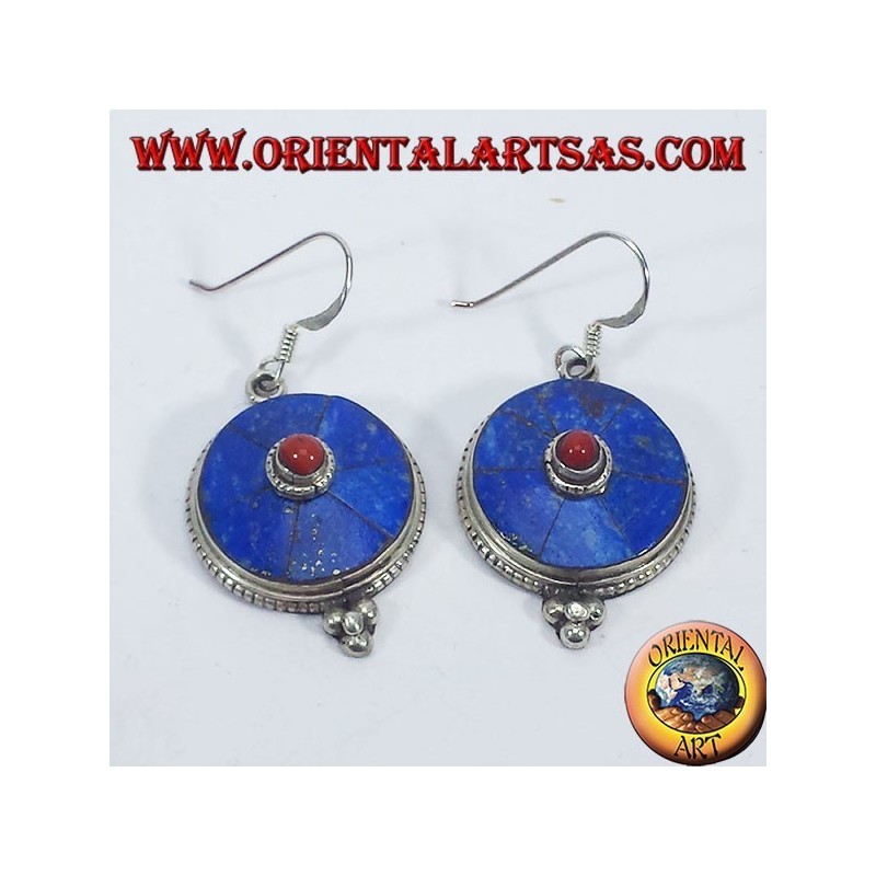Boucles d'oreilles népalais en argent avec lapis et corail