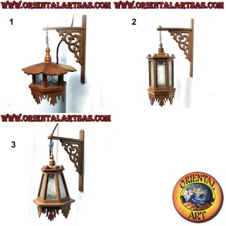 "Japan" style ceiling lantern or wall light in teak wood and arabesque glass (1)