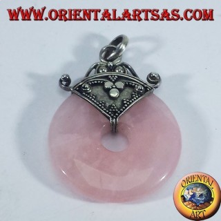 Silver Pendant with donut Rose Quartz 30 mm.