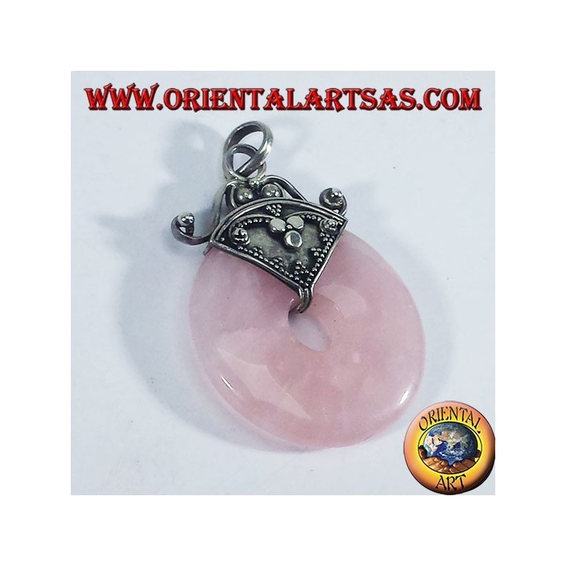 Ciondolo d'argento con ciambella in Quarzo rosa da 30 mm.