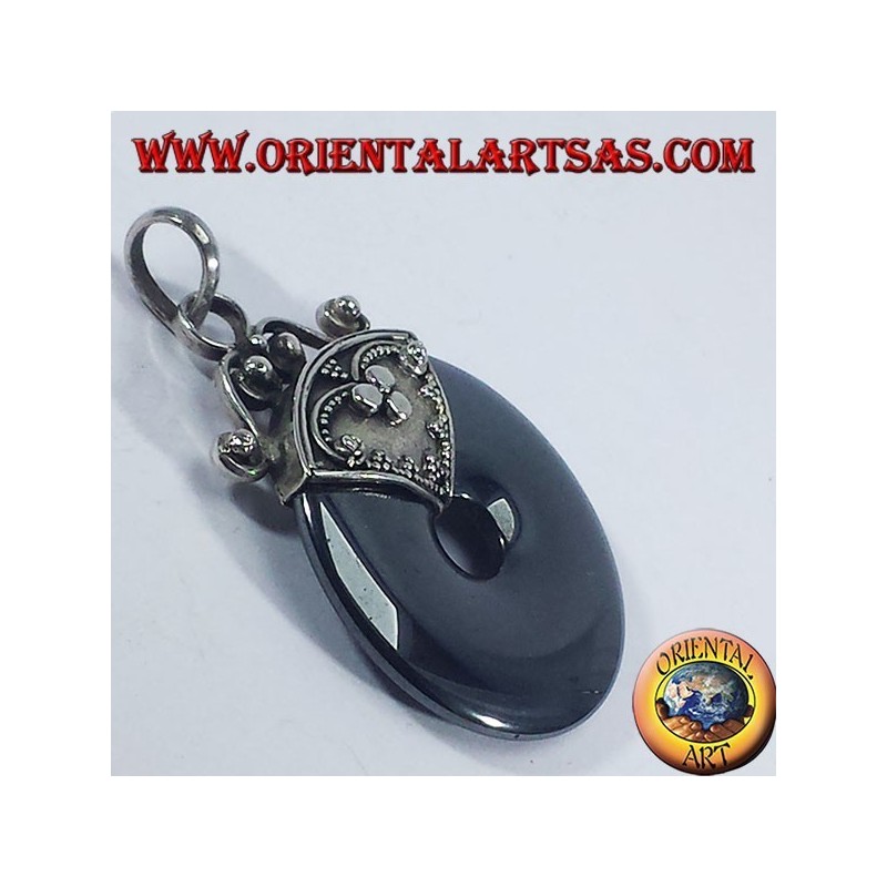 Pendentif argent avec Hématite donut 30mm.