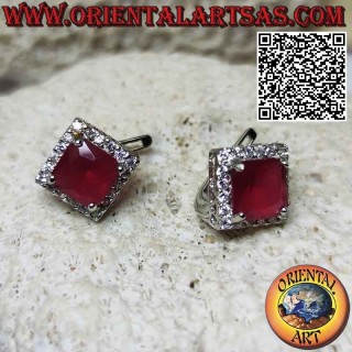 Silver earrings with rhomboid square synthetic ruby set surrounded by white zircons (lever)