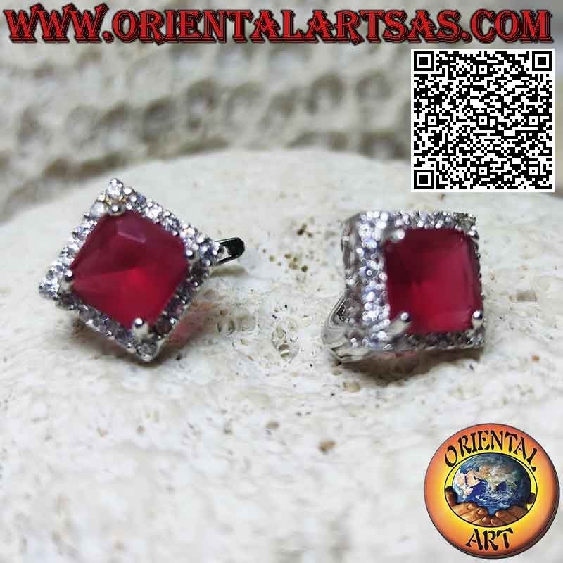 Silver earrings with rhomboid square synthetic ruby set surrounded by white zircons (lever)