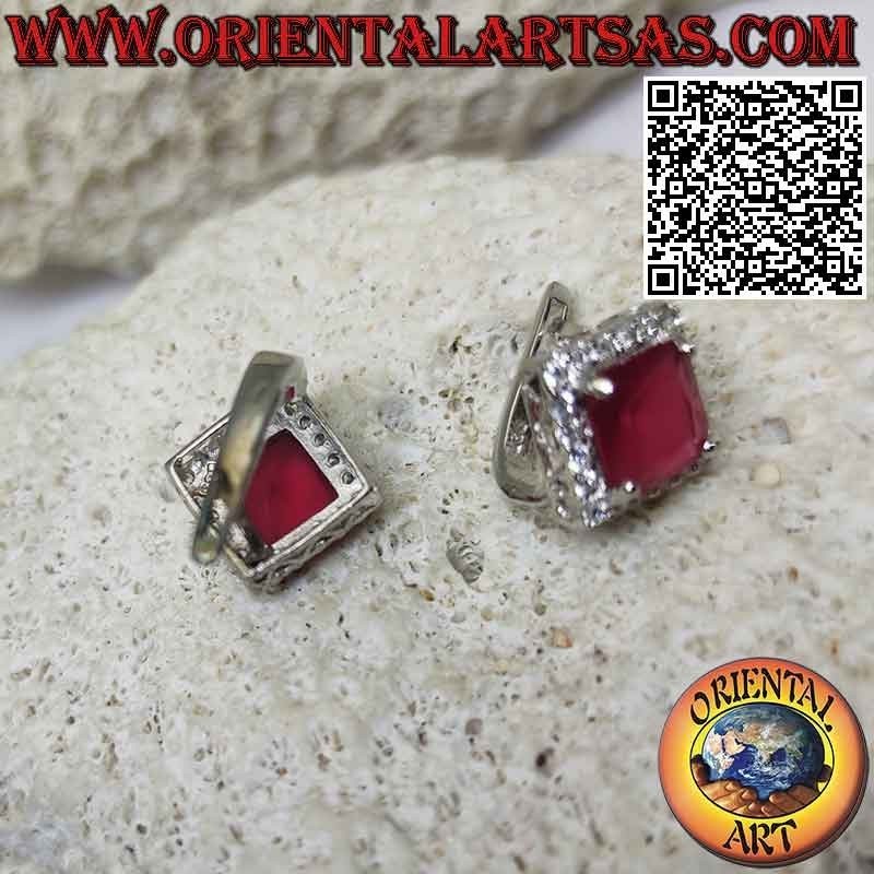 Silver earrings with rhomboid square synthetic ruby set surrounded by white zircons (lever)