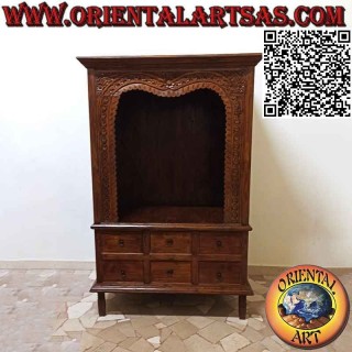 Despensa con 6 cajones y tapa abierta con marco / friso floral grabado en madera de teca envejecida