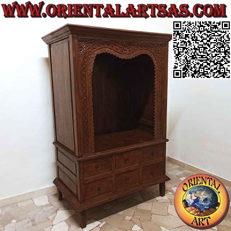 Dispensa a 6 cassetti e piano aperto con cornice/fregio floreale inciso in legno antico di teak