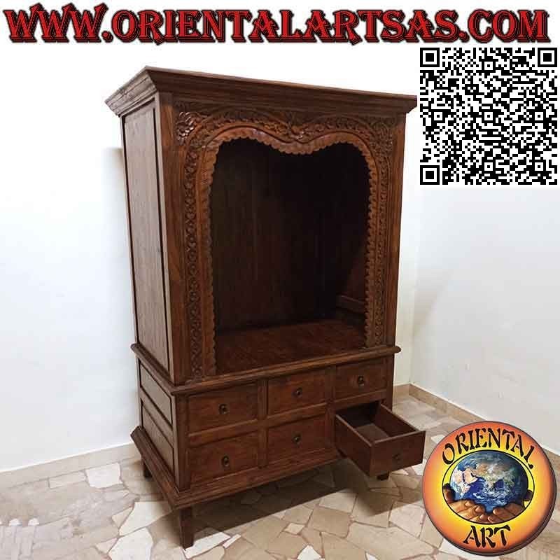 Dispensa a 6 cassetti e piano aperto con cornice/fregio floreale inciso in legno antico di teak