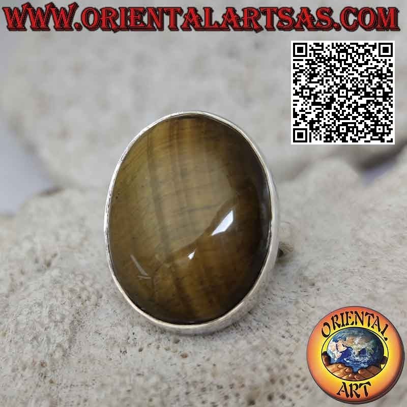 Bague en argent avec grand oeil de tigre ovale à stries obliques sur sertissage lisse (ajustable)