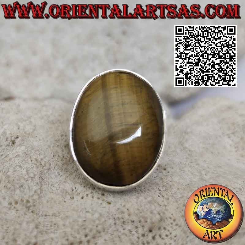 Anillo de plata con gran ojo de tigre ovalado con rayas oblicuas en engaste liso (ajustable)