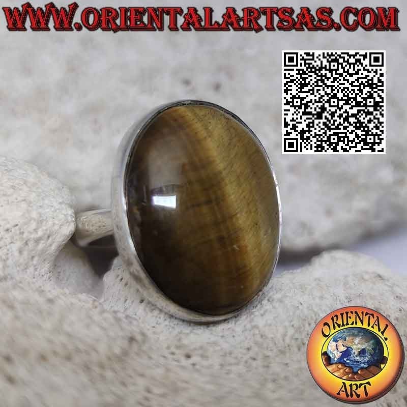 Bague en argent avec grand oeil de tigre ovale à stries obliques sur sertissage lisse (ajustable)