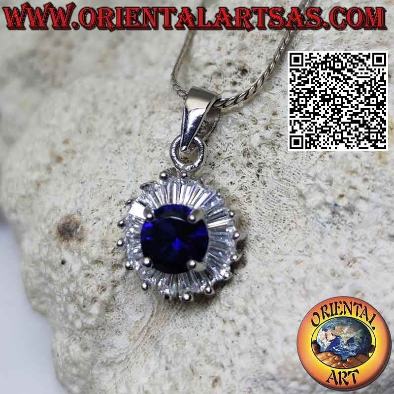 Silver pendant with round synthetic sapphire set surrounded by white baguette-cut zircons