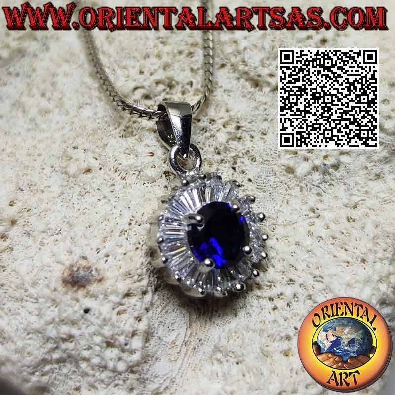 Silver pendant with round synthetic sapphire set surrounded by white baguette-cut zircons