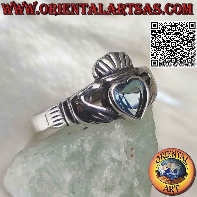 Bague Claddagh Irlandaise Cœur Topaze Bleue Argent 925 | Oriental Art