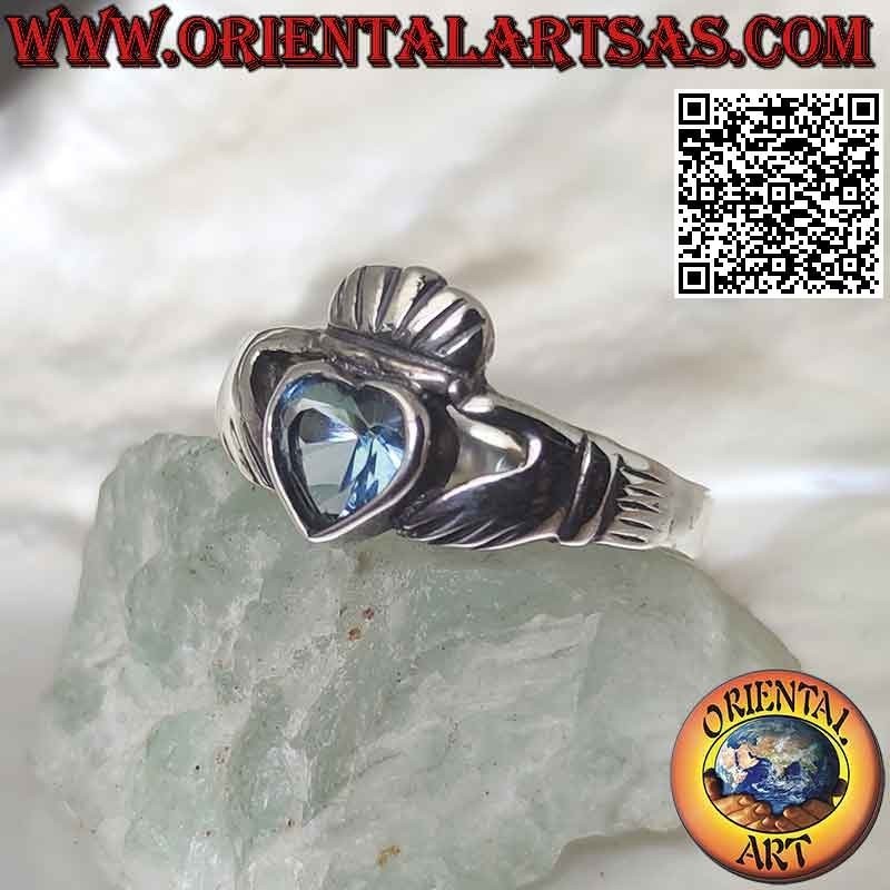 Bague Claddagh Irlandaise Cœur Topaze Bleue Argent 925 | Oriental Art