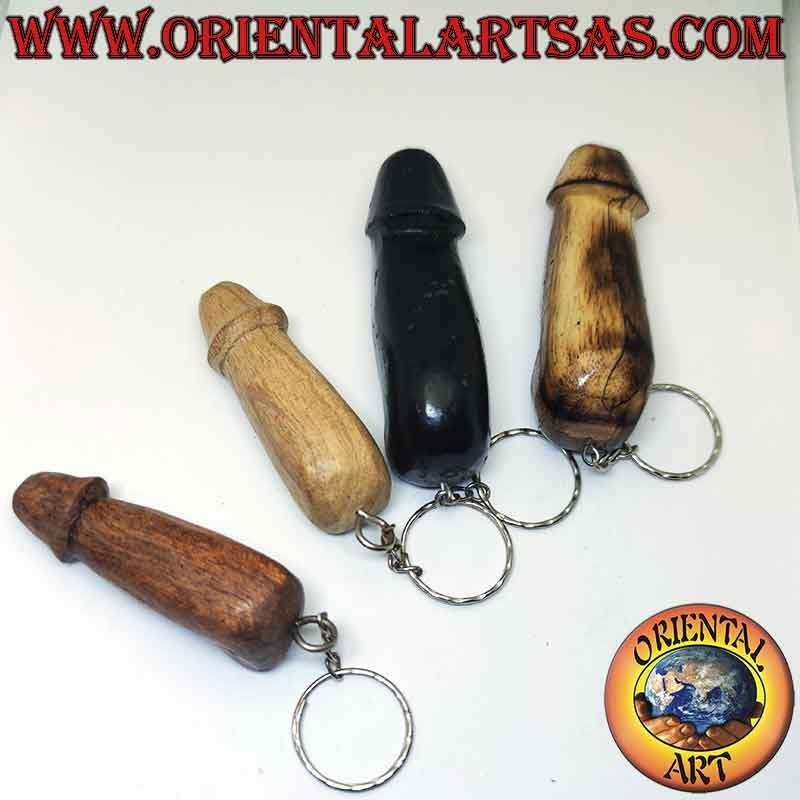 Metal keychain with "penis or phallus" in hand made wood