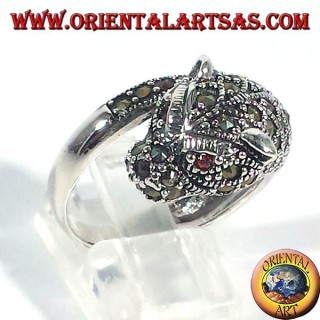 silver ring, tiger with marcasite and ruby eyes