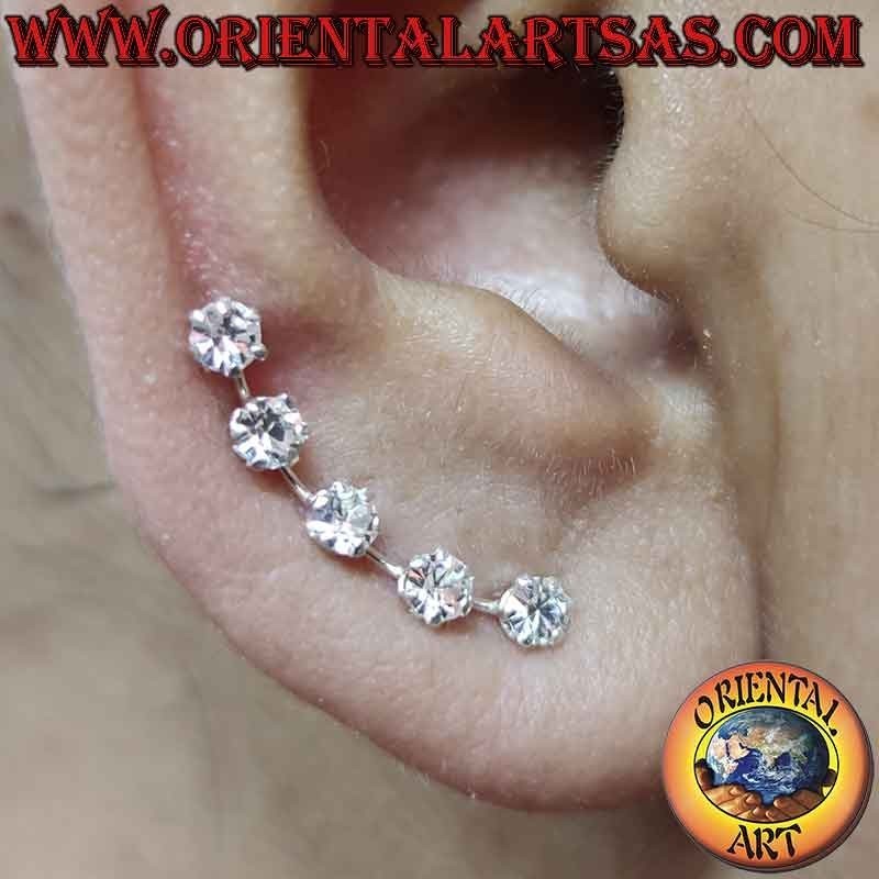 Climbing silver earrings (climber) with a curved row of 5 white zircons