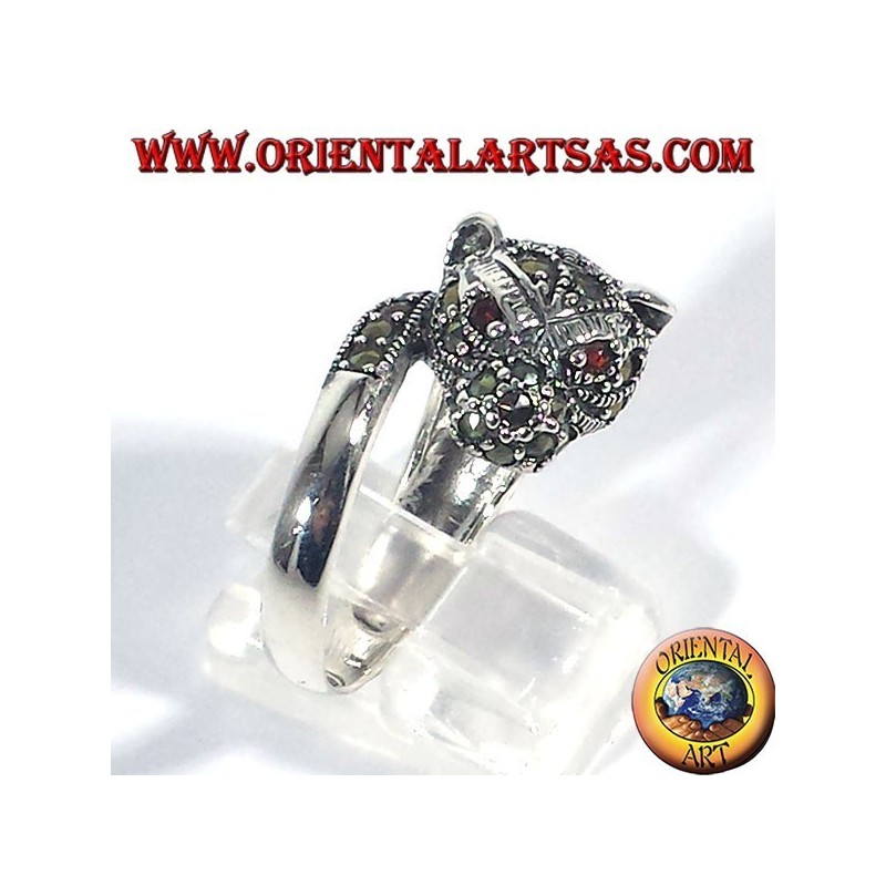 silver ring, tiger with marcasite and ruby eyes