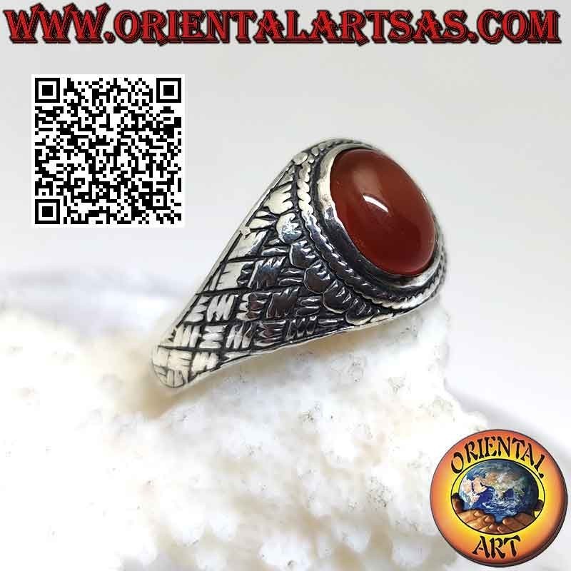 Silver ring with oval cabochon carnelian rhomboid weaving engraved on the sides