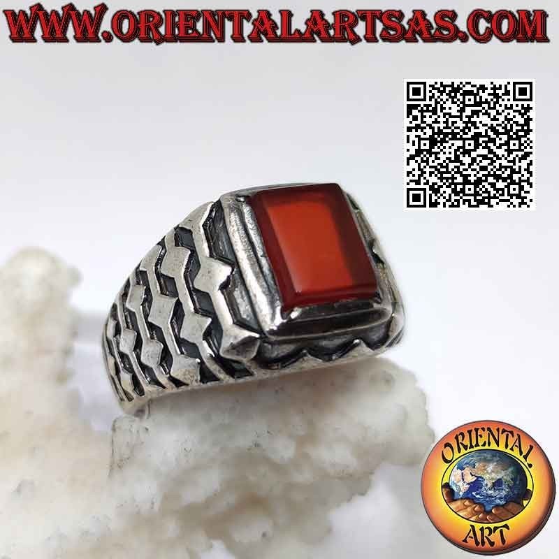 Silver ring with raised rectangular carnelian and embossed lines and rhombus decoration