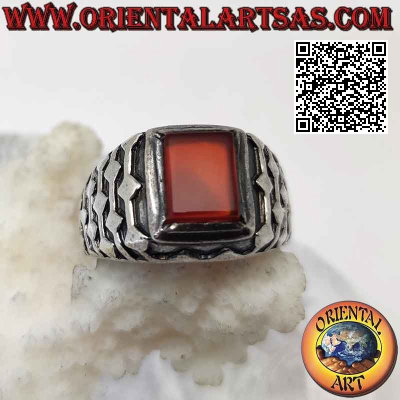 Silver ring with raised rectangular carnelian and embossed lines and rhombus decoration