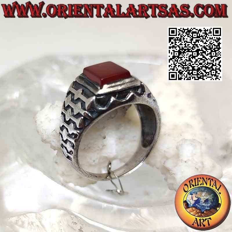 Silver ring with raised rectangular carnelian and embossed lines and rhombus decoration