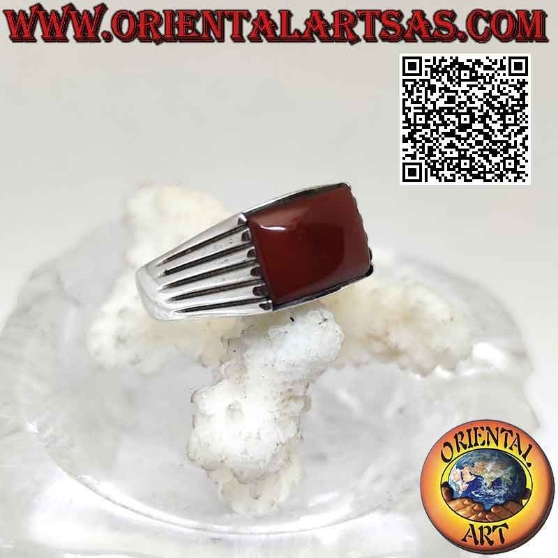 Silver ring with horizontal rectangular carnelian and five parallel lines engraved on the sides