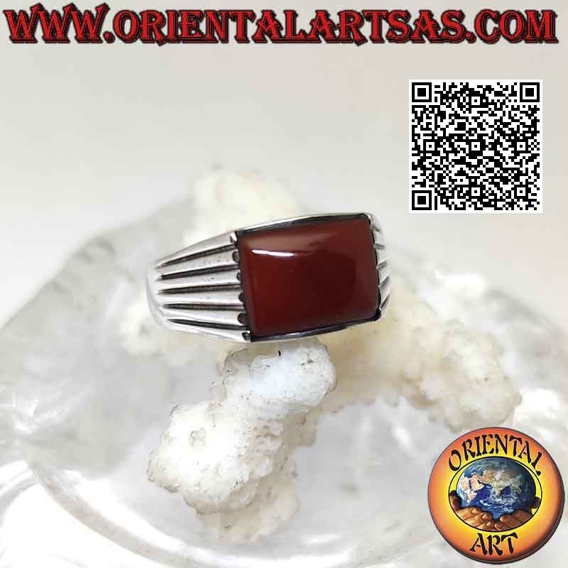 Silver ring with horizontal rectangular carnelian and five parallel lines engraved on the sides