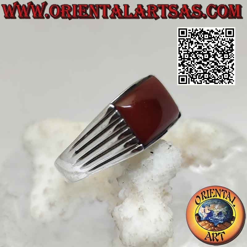 Silver ring with horizontal rectangular carnelian and five parallel lines engraved on the sides