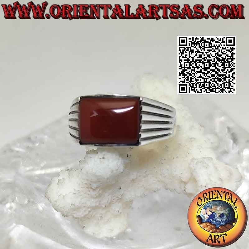 Silver ring with horizontal rectangular carnelian and five parallel lines engraved on the sides
