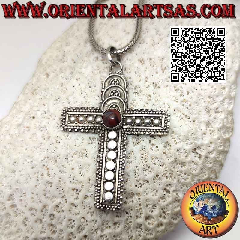 Silver Latin cross pendant with central round red jasper and rounded decorations