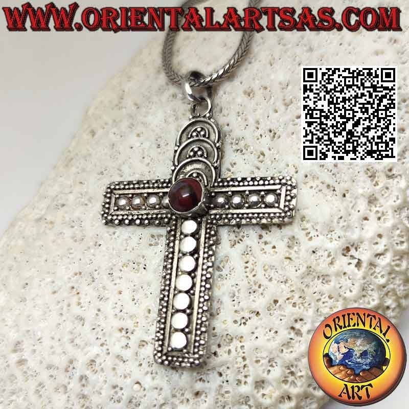Silver Latin cross pendant with central round red jasper and rounded decorations