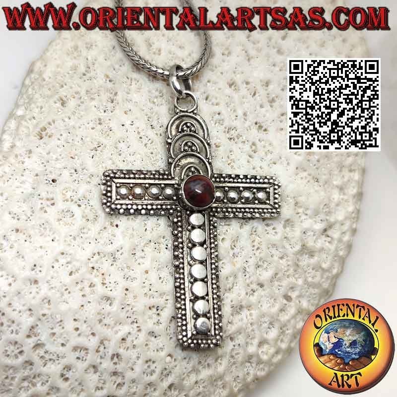 Silver Latin cross pendant with central round red jasper and rounded decorations
