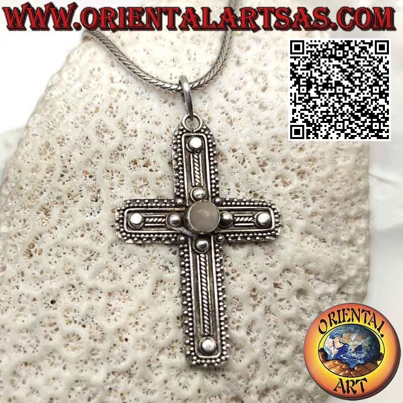 Silver Latin cross pendant with central round moonstone and handmade decorations