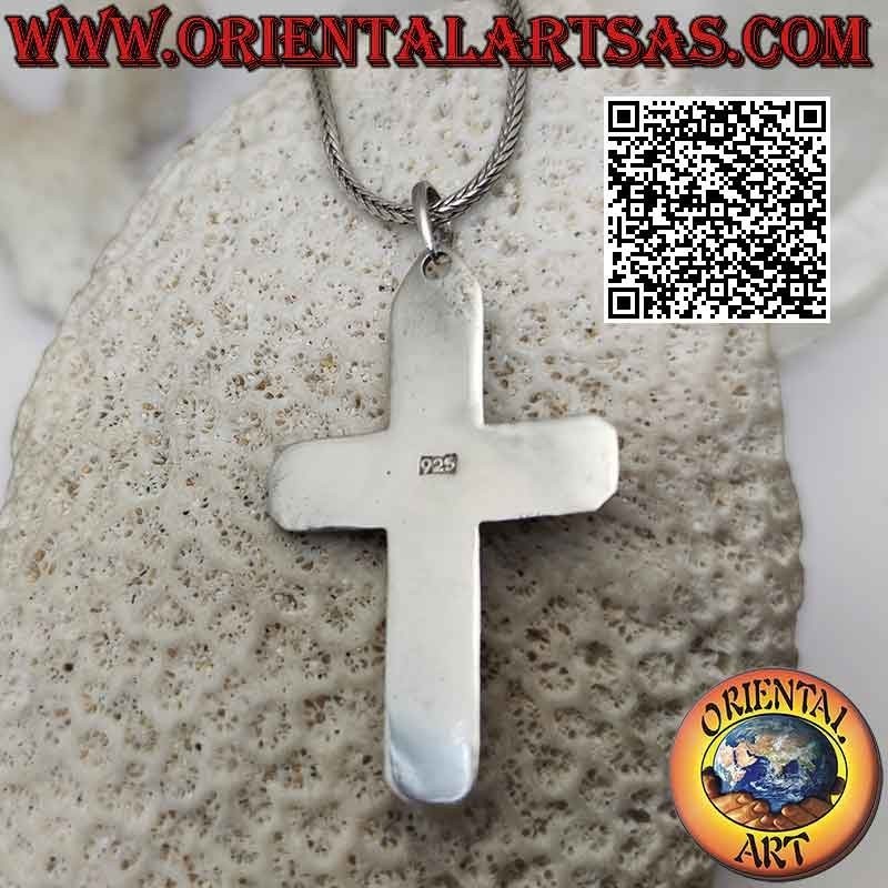 Silver Latin cross pendant with central round moonstone and handmade decorations