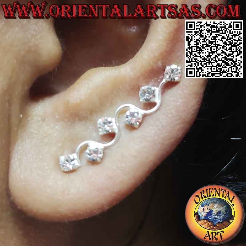 Wave climber earring in silver with set round white zircons