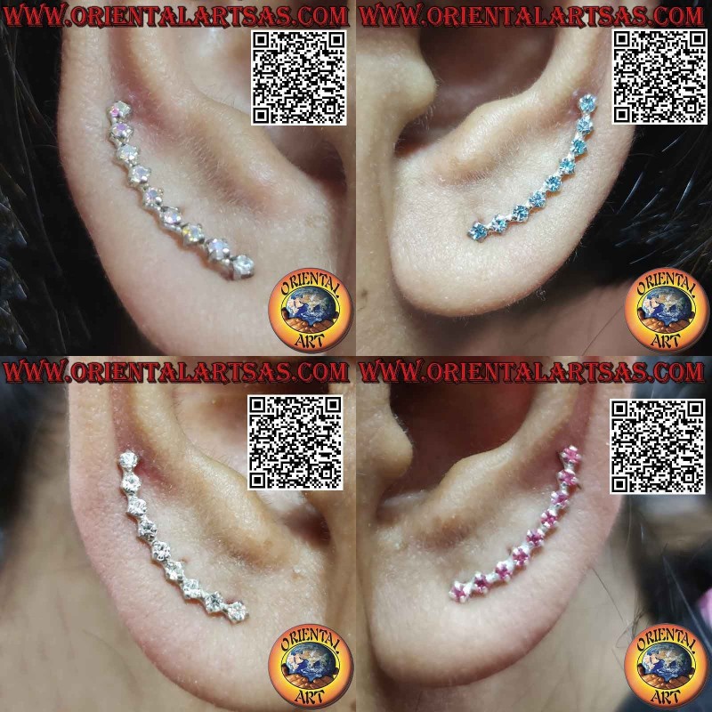 Climbing silver earrings (climber) with a curved row of cubic zirconia