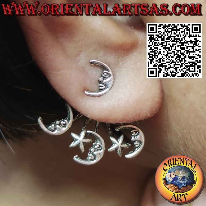 Orecchino in argento rampicante (climber) a ventaglio, la luna e la stella