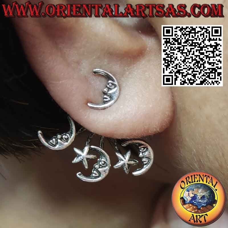 Boucle d'oreille d'escalade (grimpeur) en argent éventail, lune et étoile