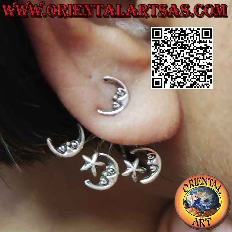 Boucle d'oreille d'escalade (grimpeur) en argent éventail, lune et étoile
