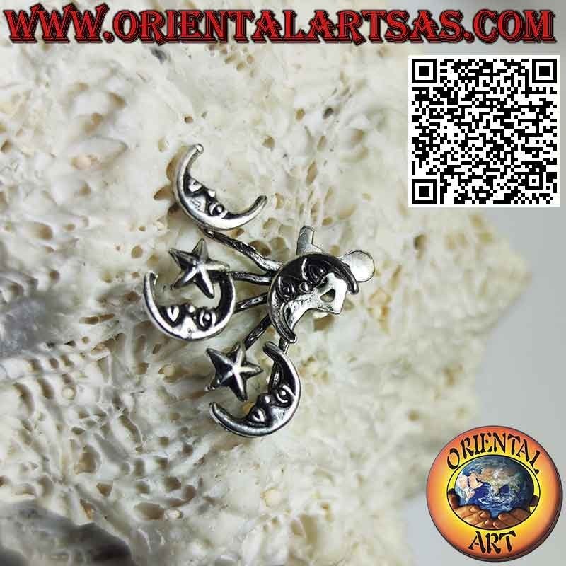 Fan silver climbing (climber) earring, moon and star
