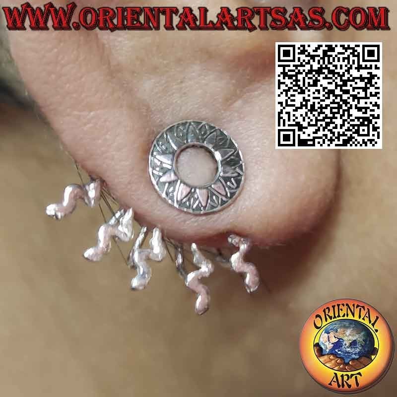 Boucle d'oreille argentée grimpante en forme d'éventail (grimpeur), le soleil maya