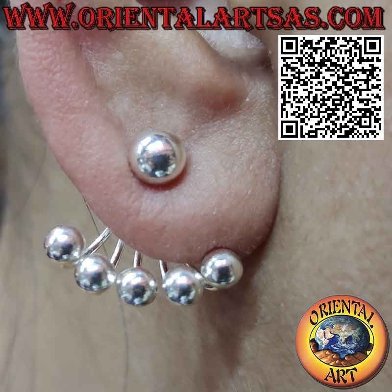 Boucle d'oreille argentée grimpante en forme d'éventail (grimpeur), boules lisses