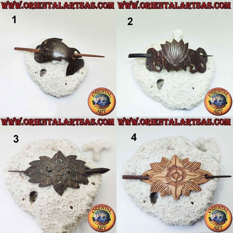 Hair clip with carved coconut pin, various models (3)