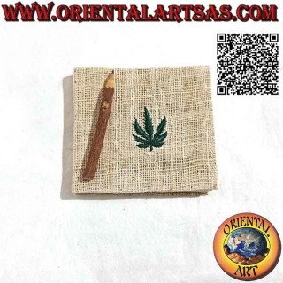 Horizontal square notebook with hemp cover and applied leaf, in rice paper