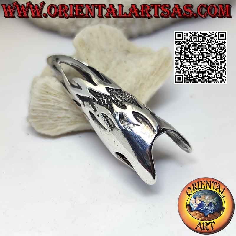 Silver claw nail cover ring with bas-relief and perforated decoration (adjustable)