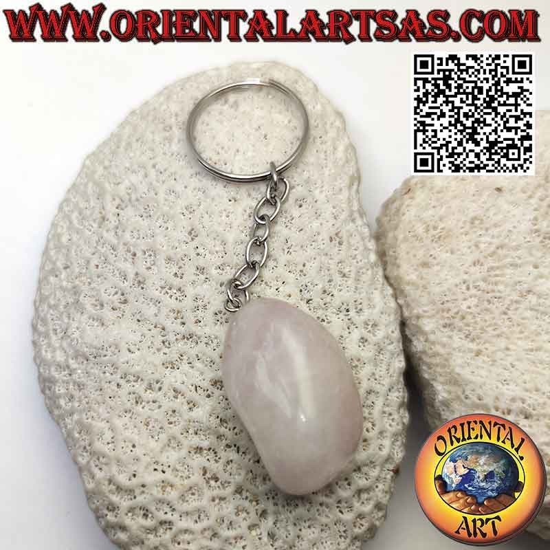 Tumbled Rose Quartz Metal Keychain - Natural Stone | Oriental Art