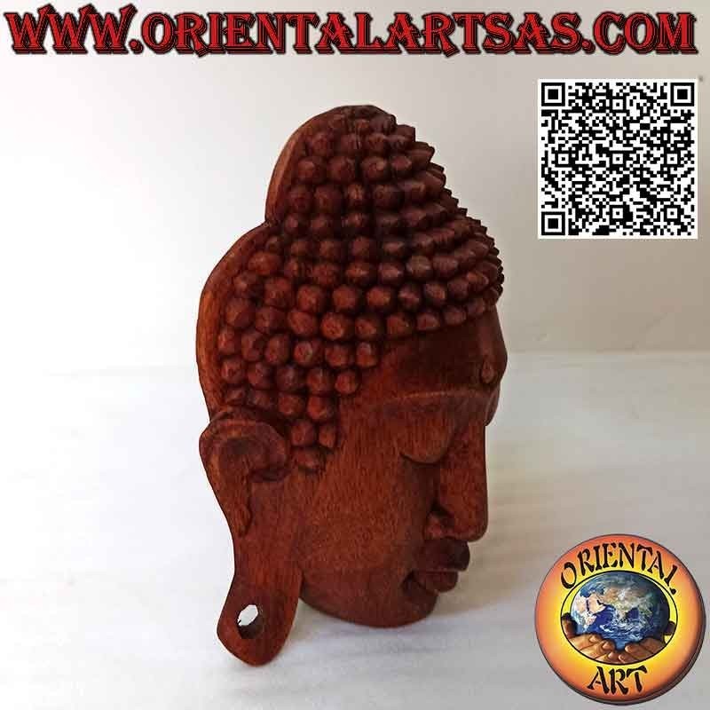Wall or countertop buddha head sculpture mask in suar wood, 20 x 16 cm (single block)